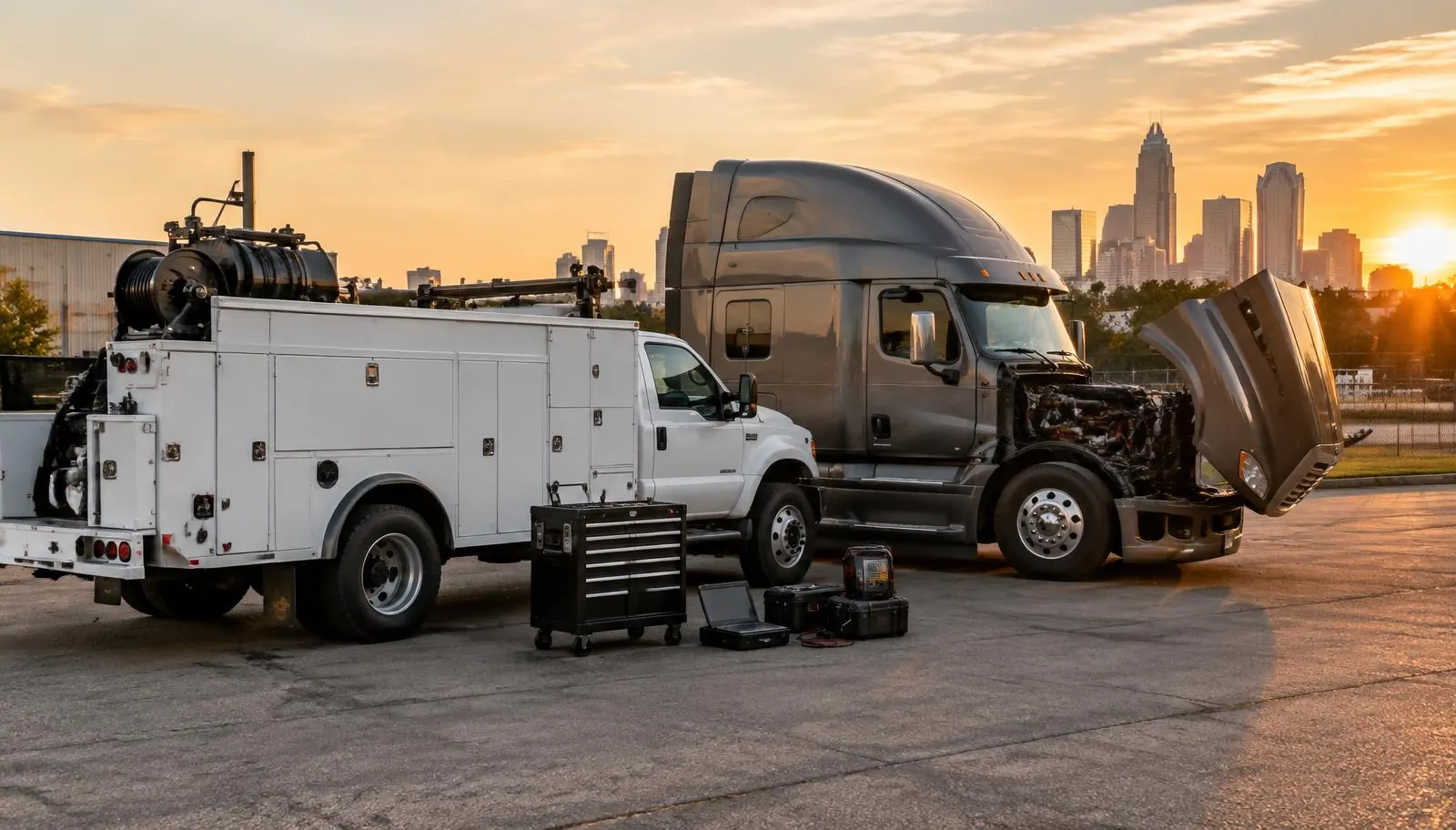 Mobile diesel service truck beside a semi tractor with its hood open in a Charlotte industrial area at golden hour