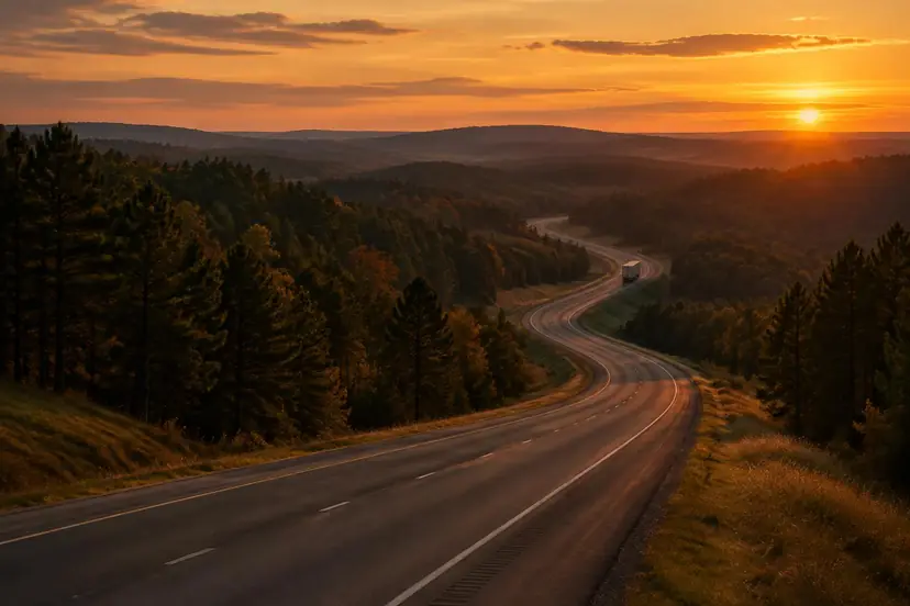 Two-lane highway winding through pine-covered rolling hills at sunset with a single semi truck in the distance