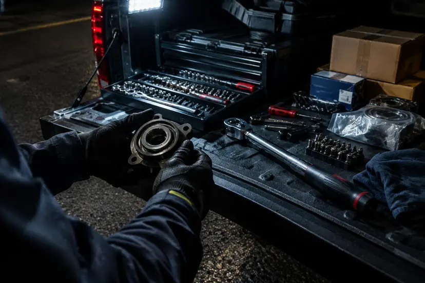 Gloved hands holding a wheel hub over a service truck tailgate laid out with sockets, a torque wrench and boxed parts under a work light