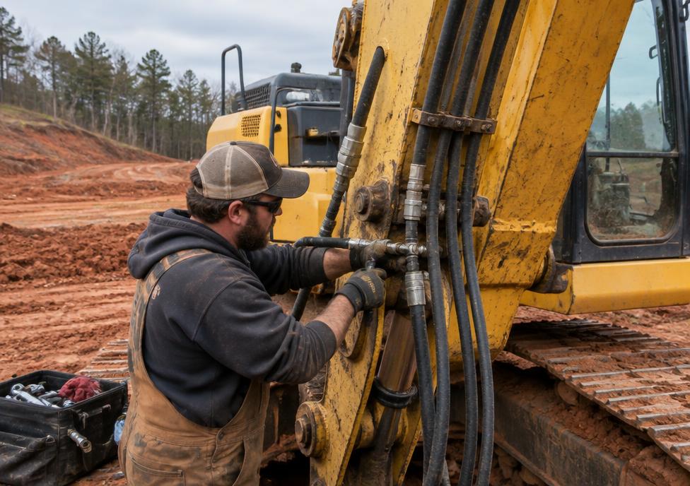 Field mechanic replacing a hydraulic hose on an excavator at a red clay job site