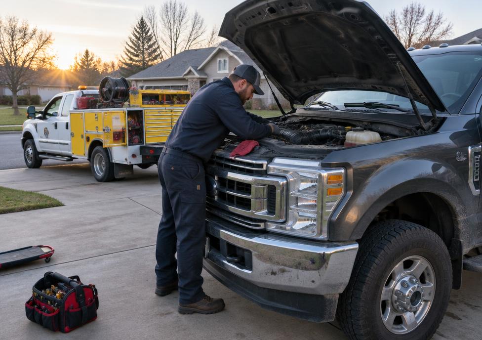 Mobile diesel technician repairing a heavy-duty pickup in a driveway with a service truck behind