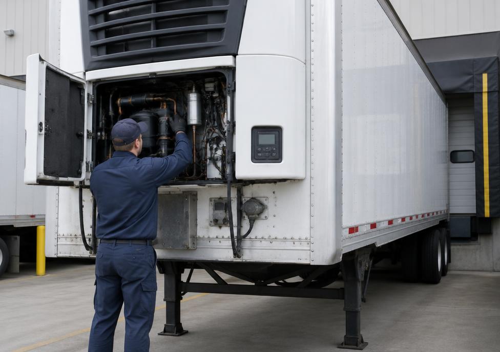 Technician servicing an open trailer refrigeration unit at a loading dock
